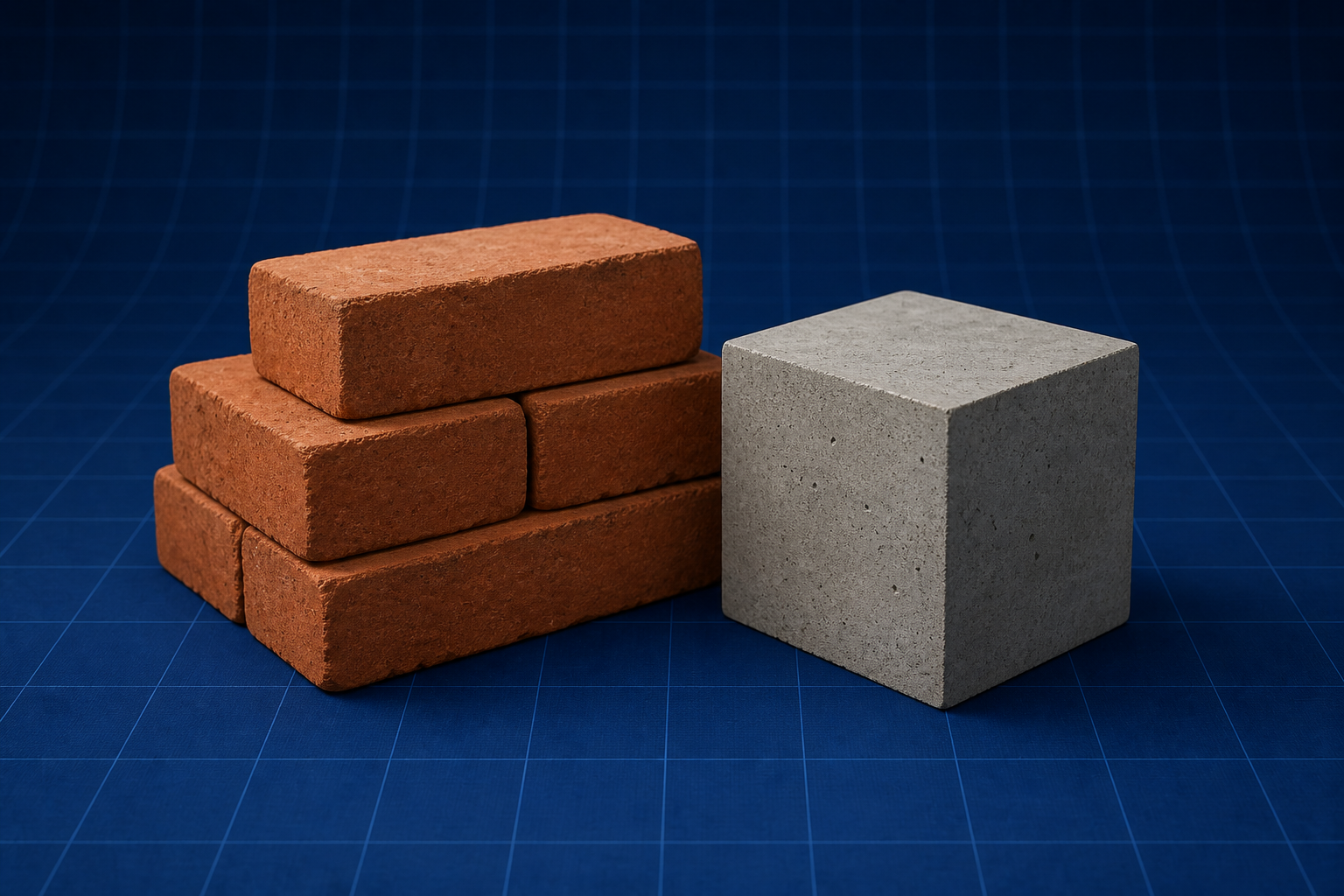 Building Materials: brick stack and concrete cube