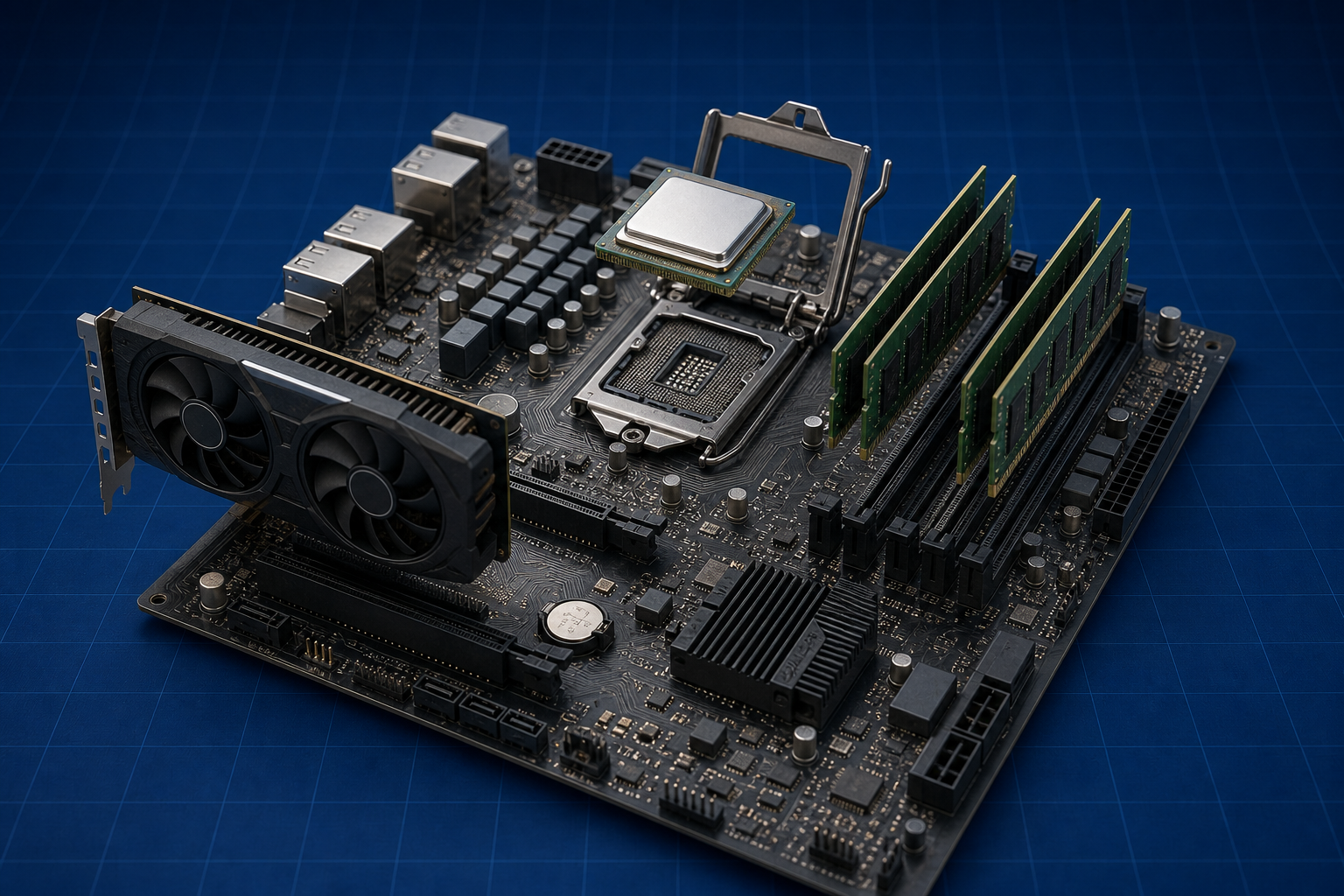 Computer & Hardware: exploded motherboard with CPU, GPU, and RAM