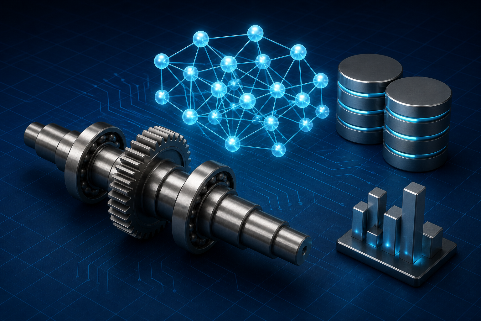 Data & AI: neural network, data nodes, and database cylinders