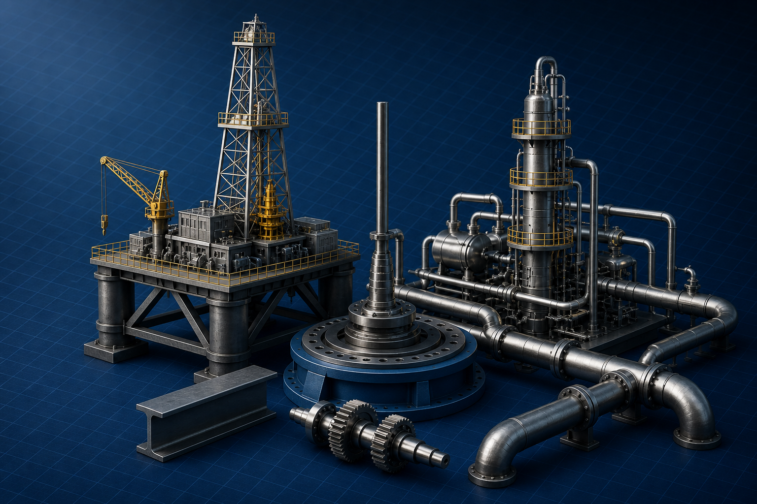 Drilling: derrick, rotary table, and drill pipe