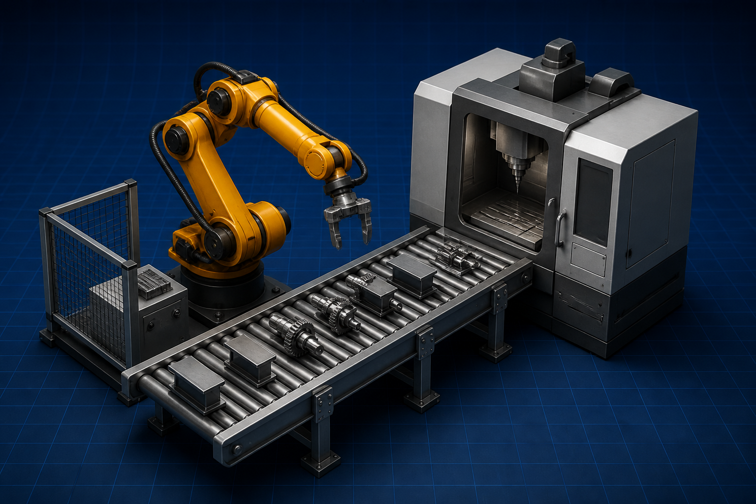 Industrial: robot arm, conveyor, and CNC production line