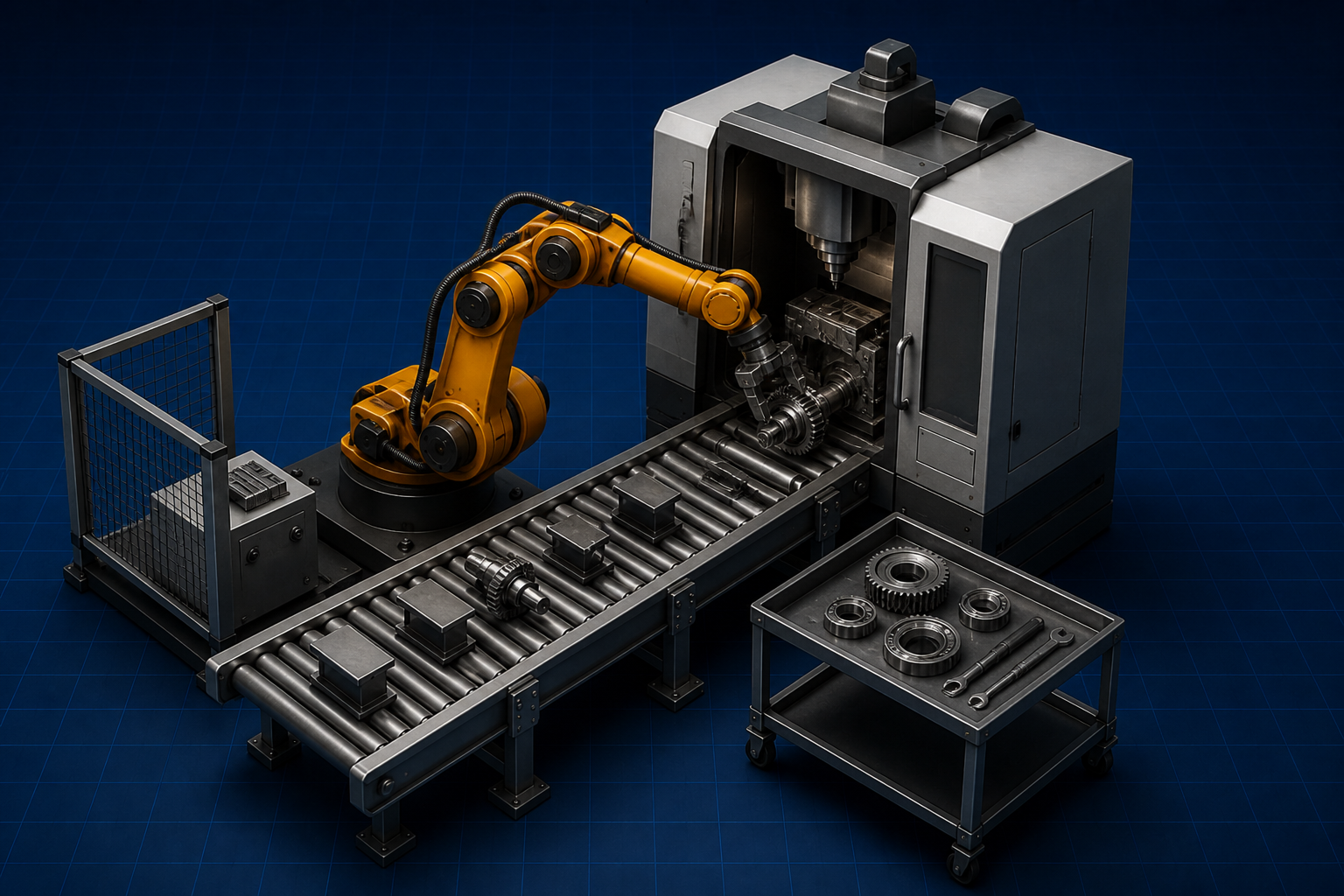 Maintenance: robot servicing a CNC machine