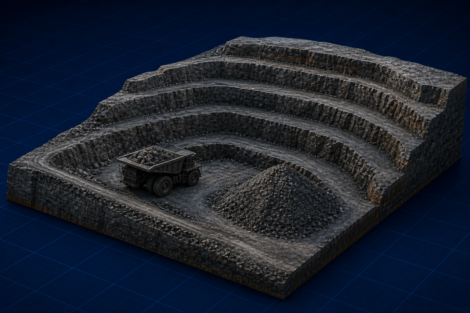 Mine Planning: stepped pit model and haul truck