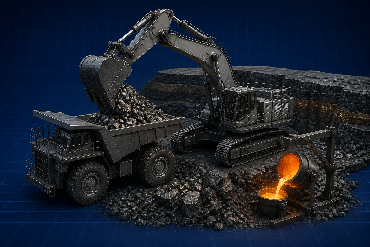 Mining: excavator, haul truck, ore, and molten metal
