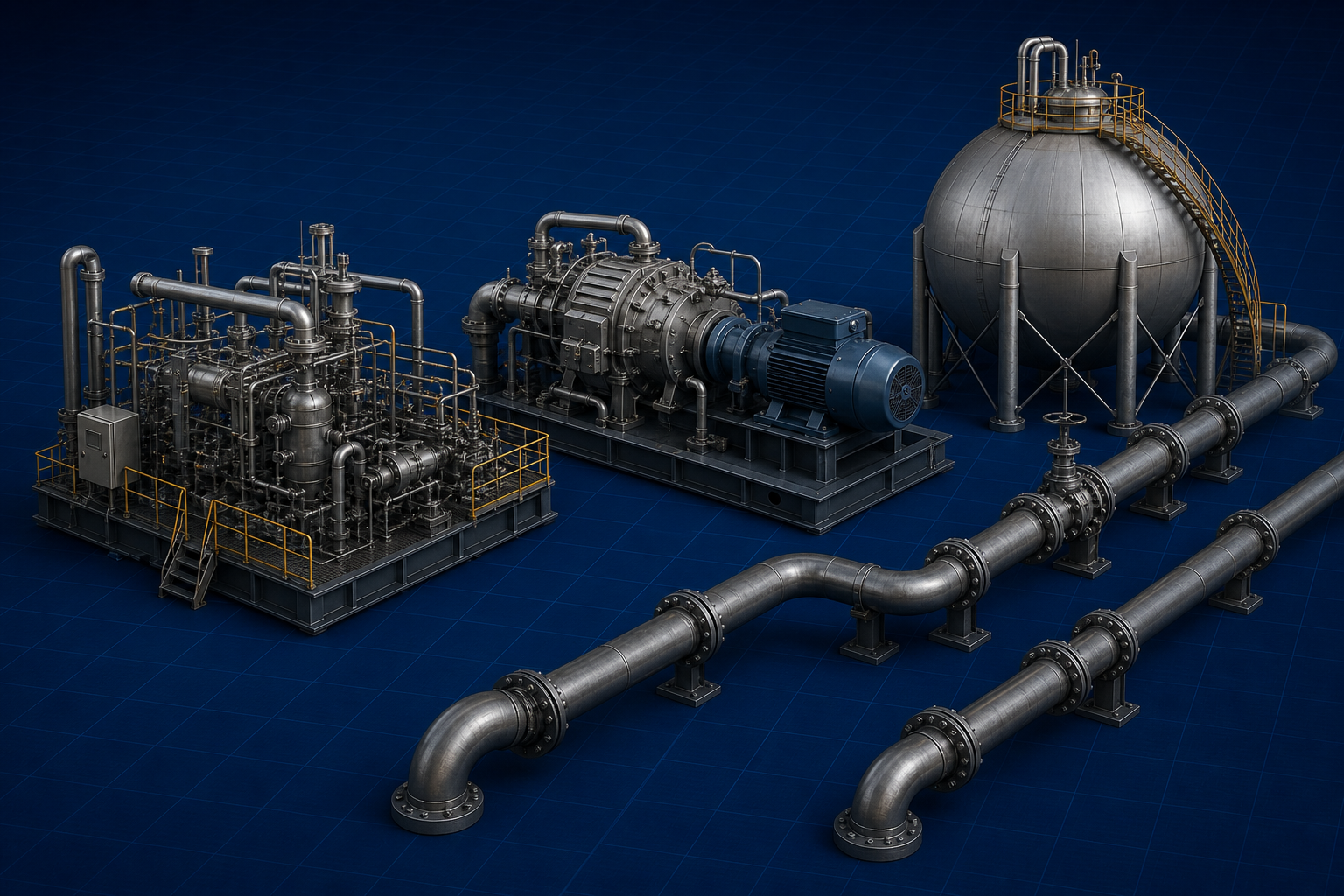 Natural Gas: processing skid and LNG sphere