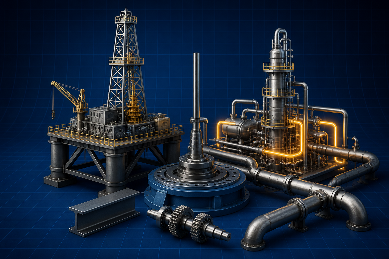 Petroleum: offshore rig, pipelines, and refinery column
