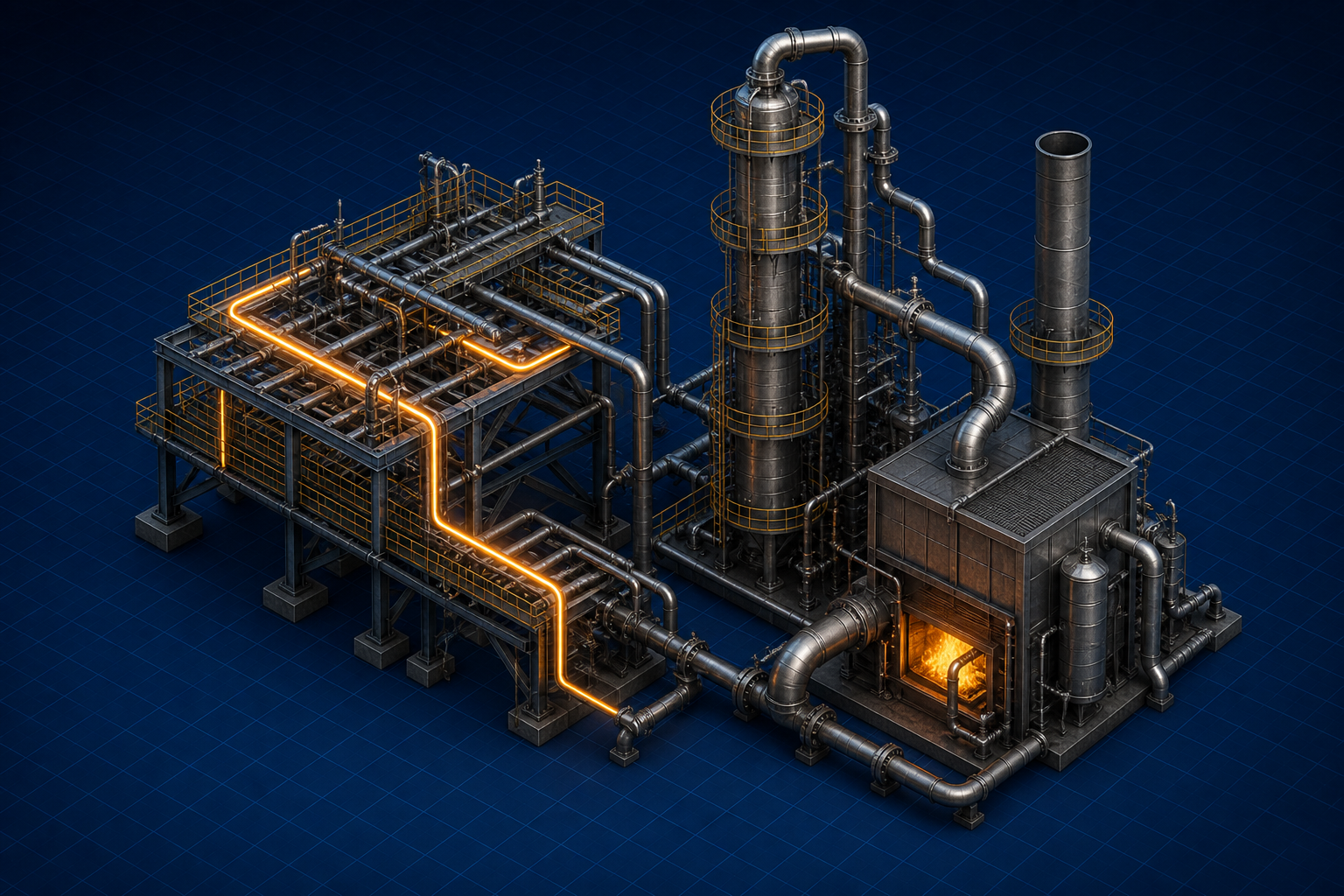 Refinery: distillation column and pipe rack