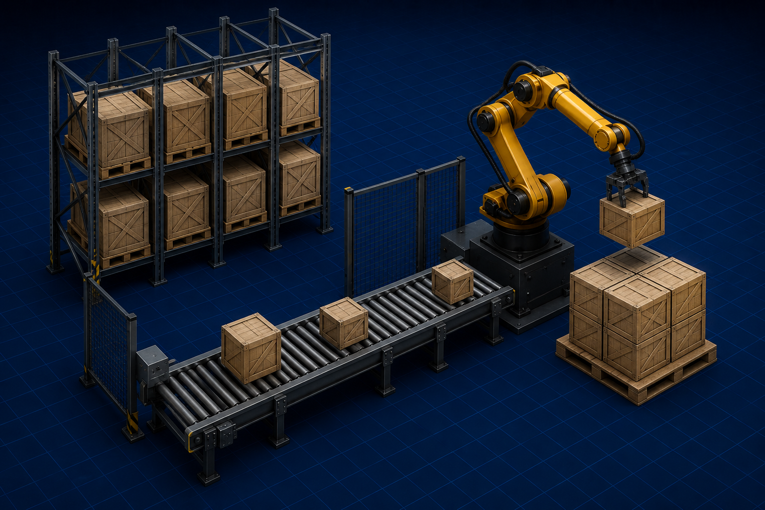 Supply Chain: warehouse racks, conveyor, and palletizer
