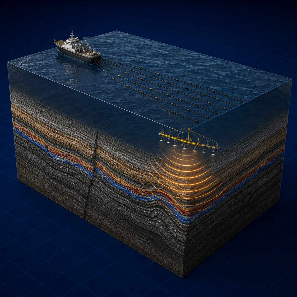 Seismic streamer over a cube — Seismic Interpretation Basics